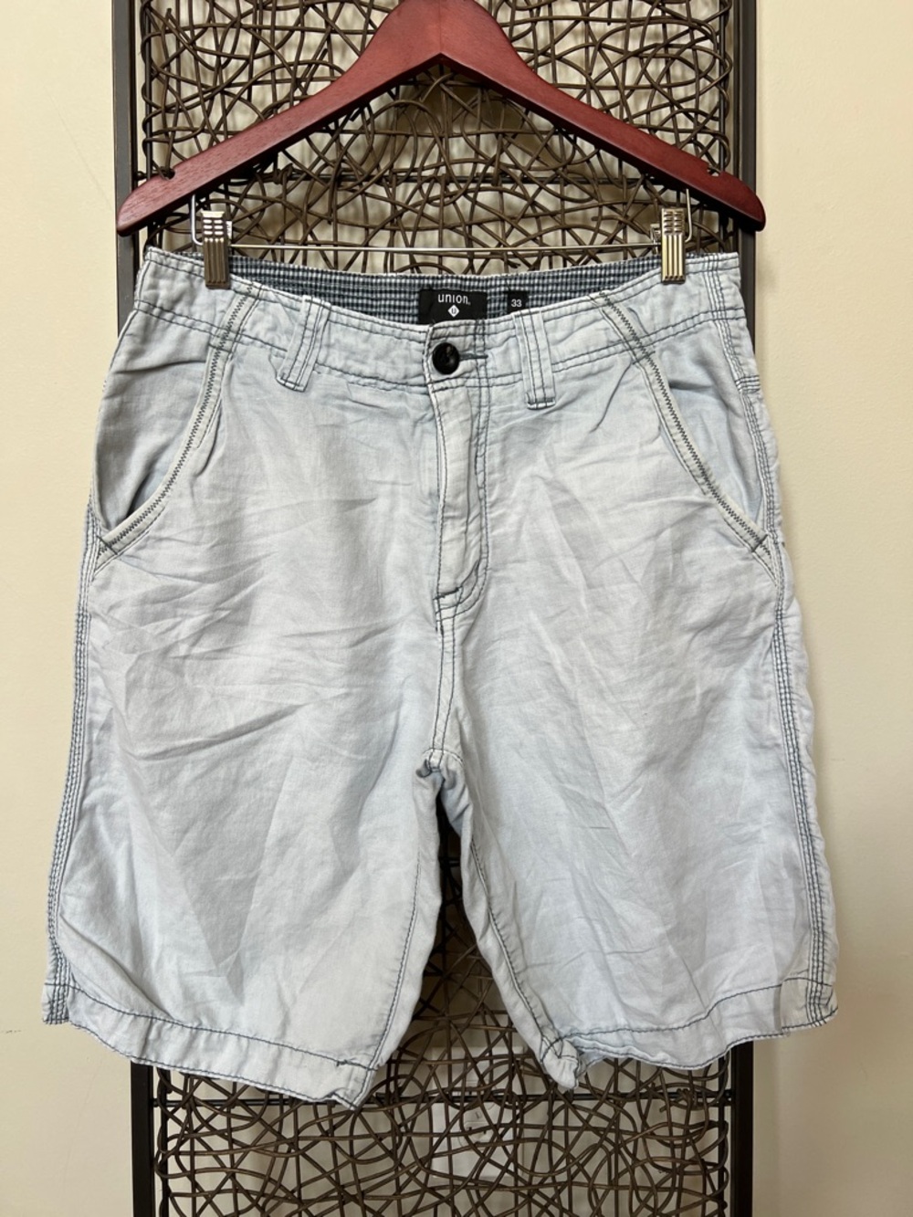 Union Retro 90s Y2K Light Wash Linen Cotton Bl Shorts Cargo 9.5” Inseam Mens 33R